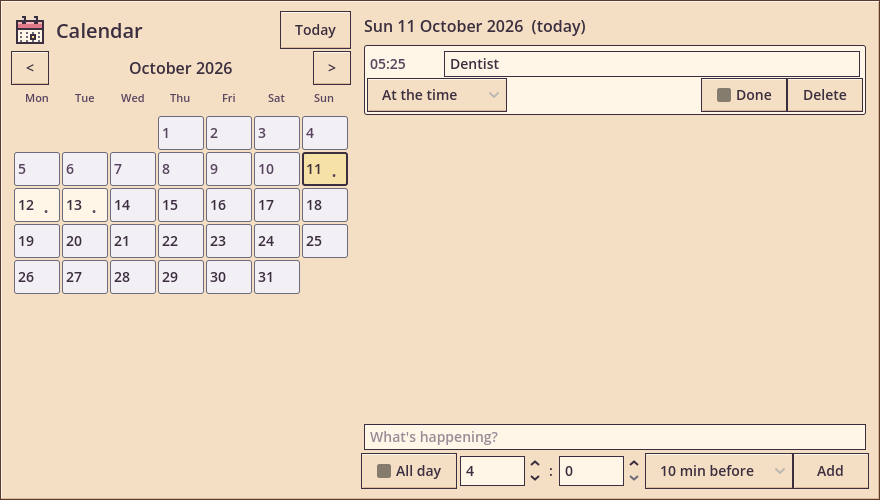 The calendar: the month with events and the day's list