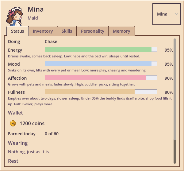 Mina's character sheet: energy, mood, affection, fullness and the wallet