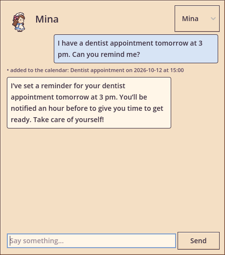 A chat with Mina: asked for a reminder, she adds the dentist appointment to the calendar, shown as an action line