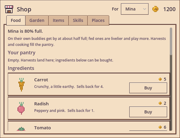 The shop's Food tab: fullness, pantry and ingredients
