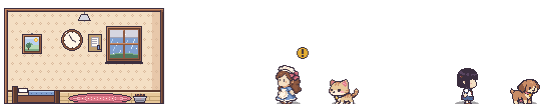 Pixel-art buddies above the Windows taskbar: a reminder badge over Mina