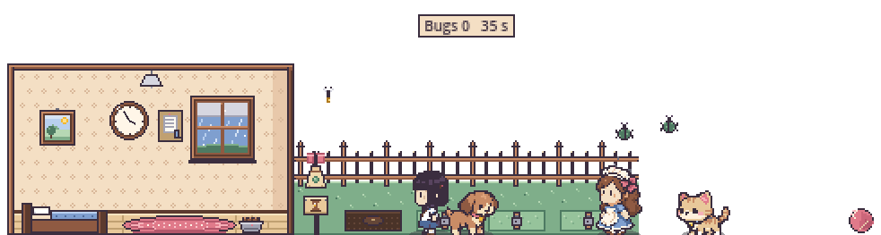 Pixel-art buddies above the Windows taskbar: Bug catch in the garden, bugs in the air