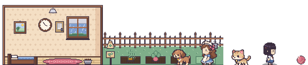 Pixel-art buddies above the Windows taskbar: all four buddies out, the furnished Home and a garden with crops growing