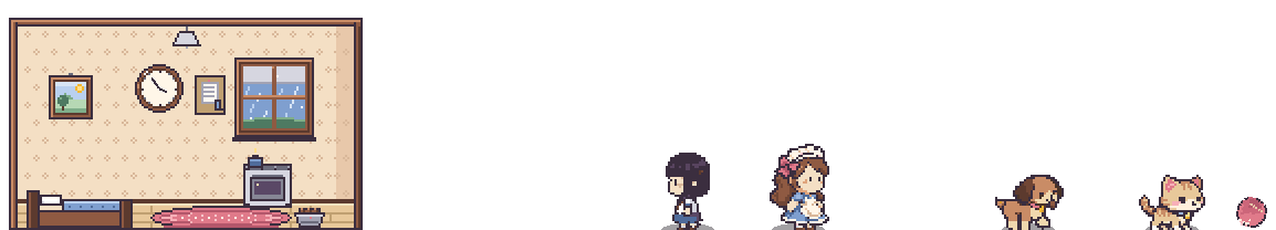 Pixel-art buddies above the Windows taskbar: the Home with the stove, Yui petting Biscuit
